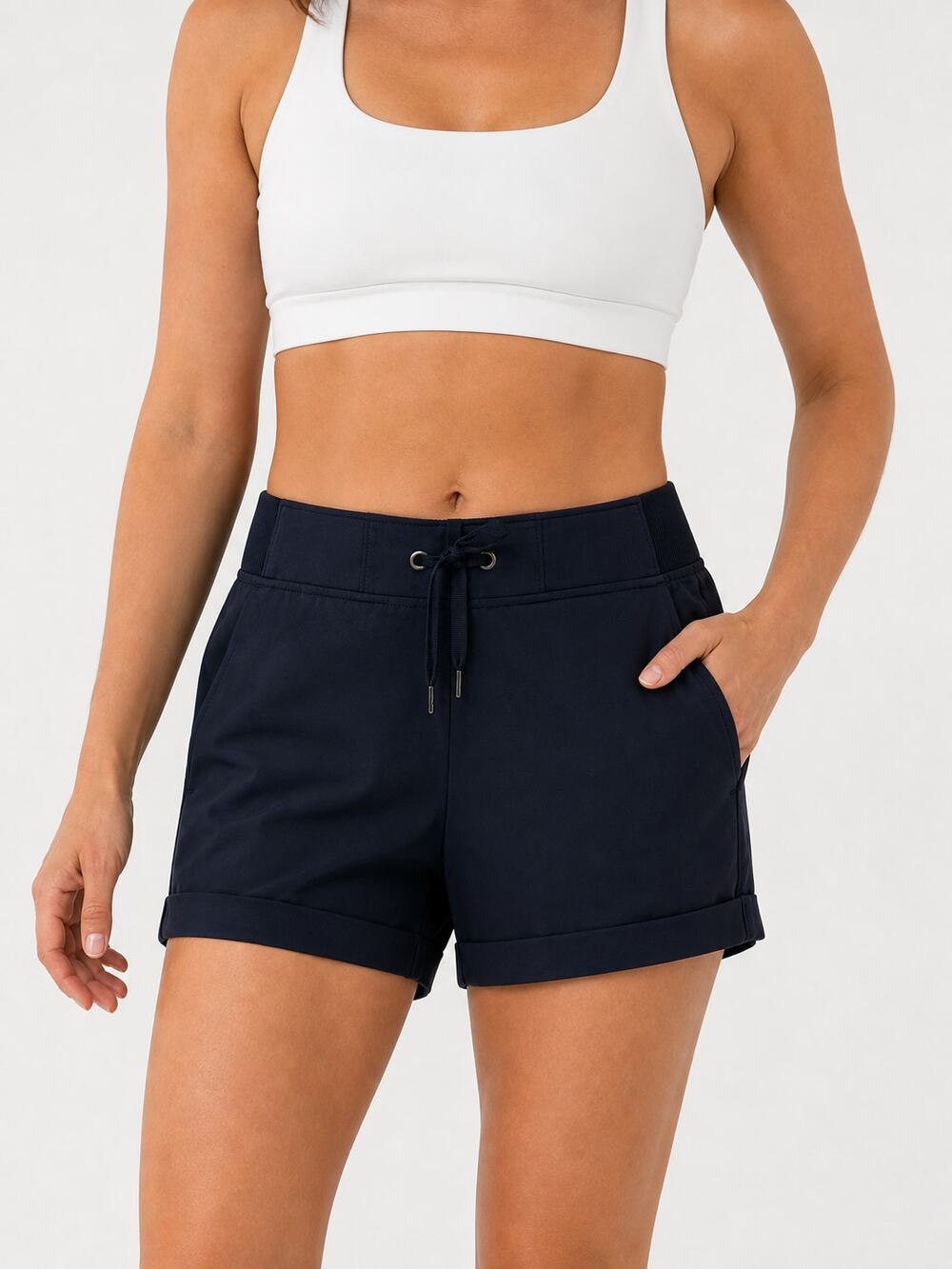 Athleta Midtown Shorts Women S Navy Blue Cuffed Drawstring Athleisure Summer